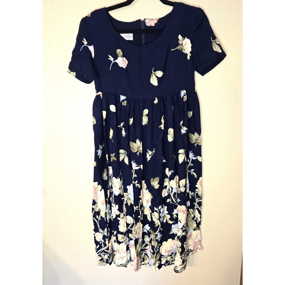 K.C. Spencer Vntg Navy Blue Floral Short Sleeve Midi Dress‎ Size 6